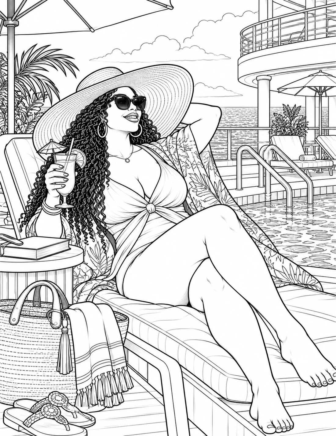 Line art of a Black woman relaxing beside a cruise-ship pool