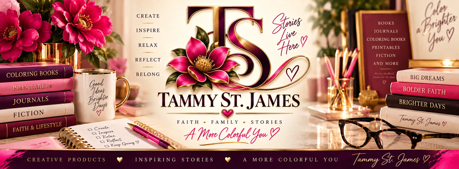 Tammy St. James brand display with books, raspberry flowers, creative supplies, and the TS monogram