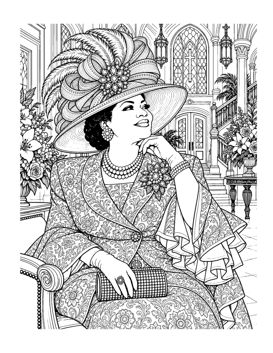 Detailed black-and-white illustration of a Black woman wearing an ornate church hat
