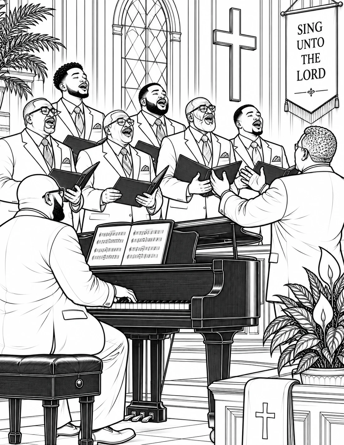 Detailed coloring illustration of a church choir and pianist