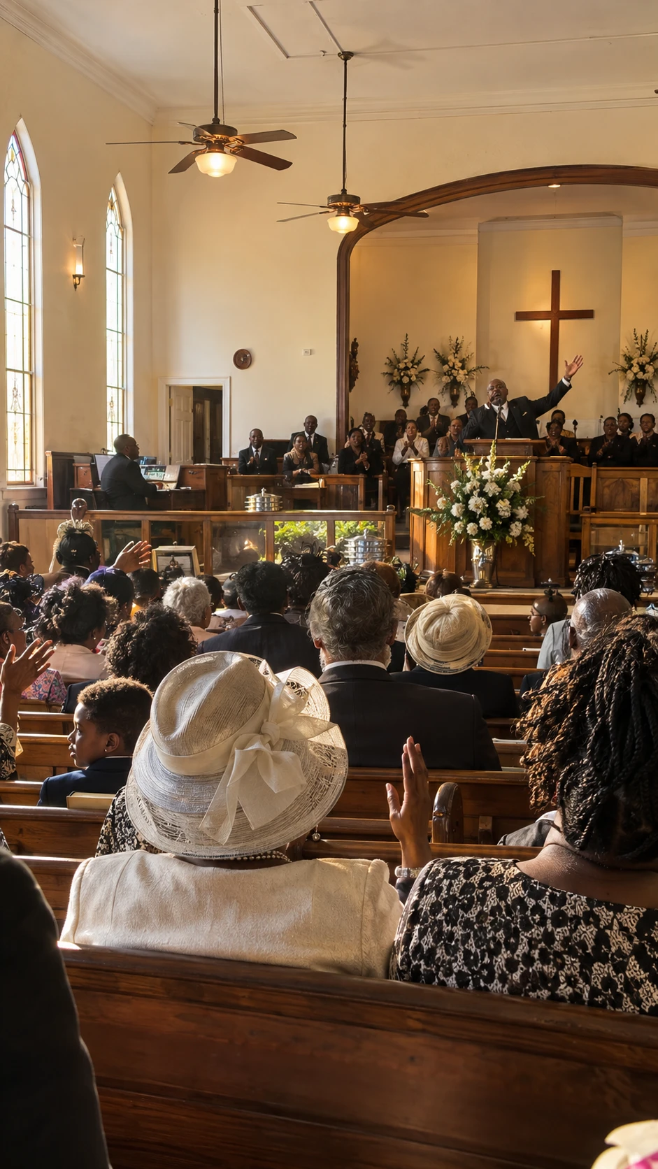 Warm light falls across a Black congregation in wooden church pews