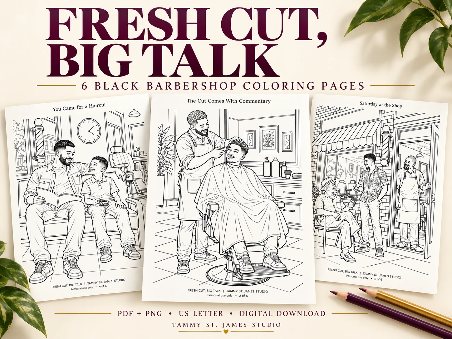 Fresh Cut, Big Talk: six printable Black barbershop coloring pages, PDF and PNG digital download