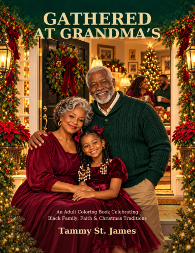 Gathered at Grandma’s adult coloring book cover by Tammy St. James, showing Black grandparents and a child together on a Christmas-decorated porch