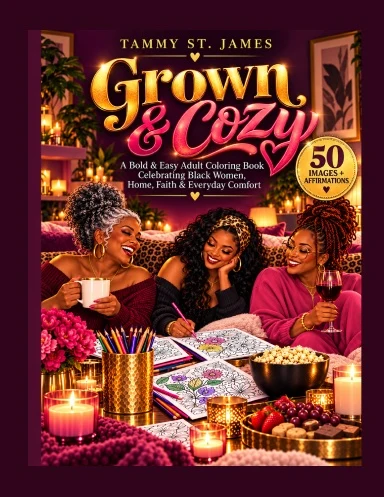 Grown & Cozy adult coloring book cover by Tammy St. James, with three Black women coloring together in a warm room