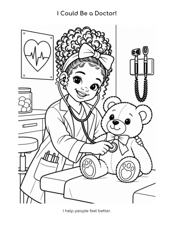 I Could Be a Doctor coloring page showing a child caring for a teddy bear
