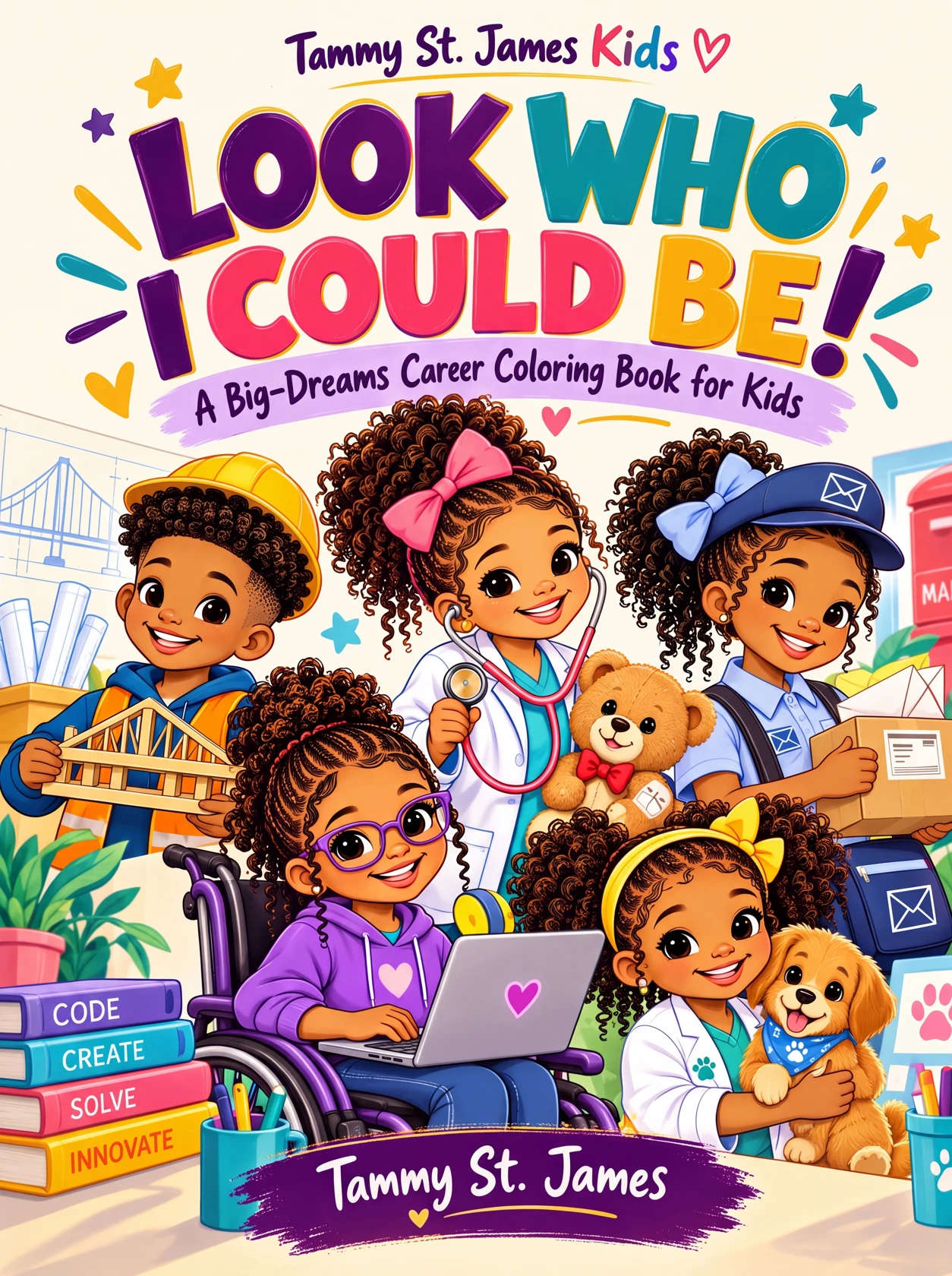 Look Who I Could Be! cover showing Black children exploring engineering, medicine, mail delivery, computer programming, and veterinary care