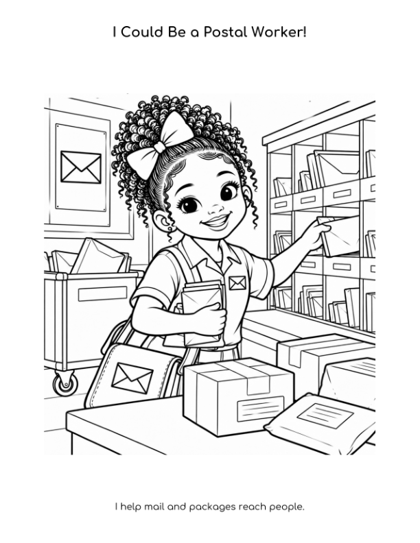 I Could Be a Postal Worker coloring page with simple envelope symbols