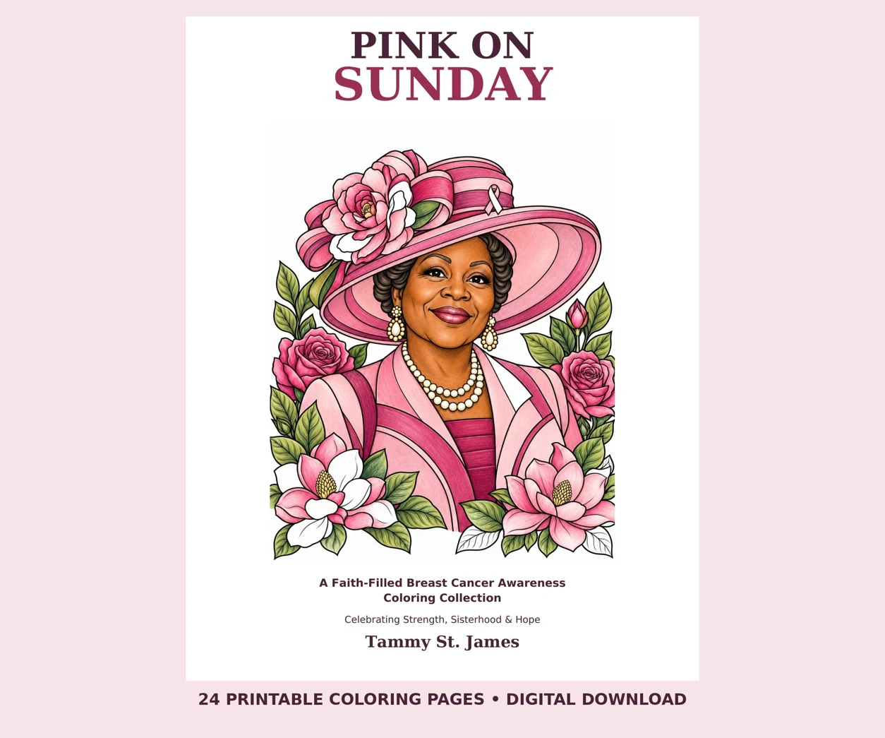 Pink on Sunday printable coloring collection by Tammy St. James, showing a Black woman in a pink church hat and jacket, with pearls and flowers