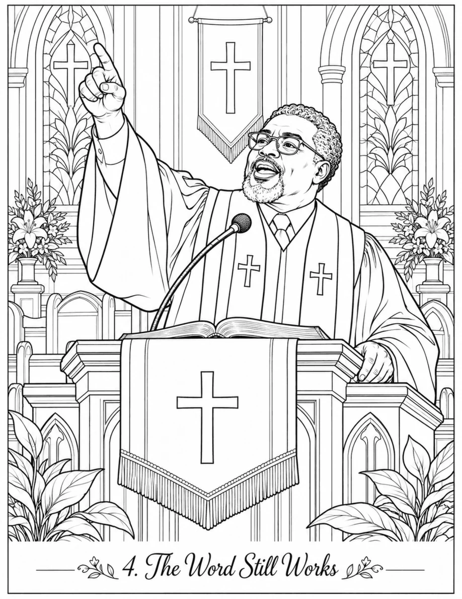 Black-and-white illustration of a preacher in a robe raising one hand at a church pulpit