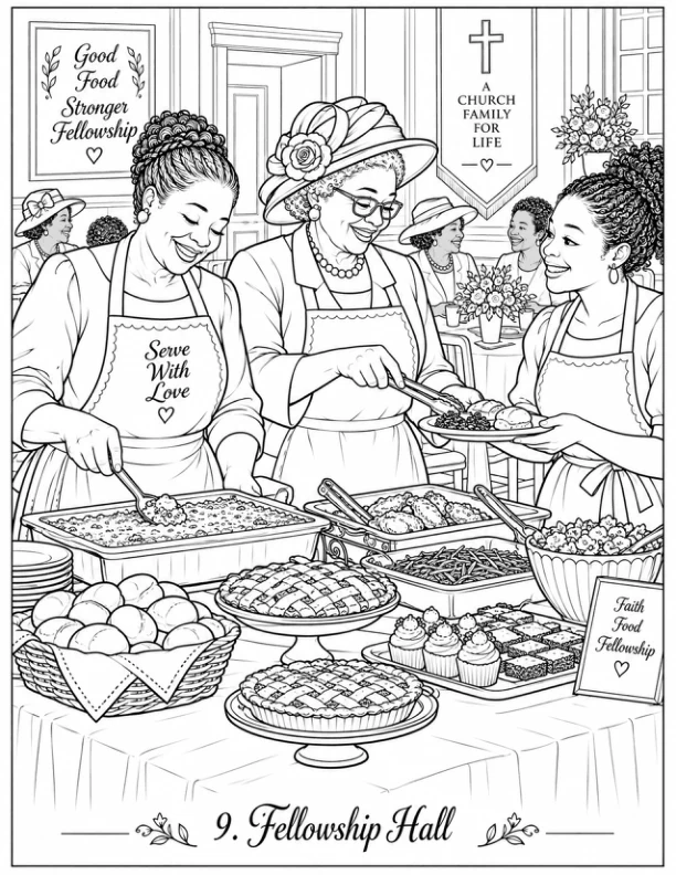 Digital collection illustration of women serving a fellowship meal