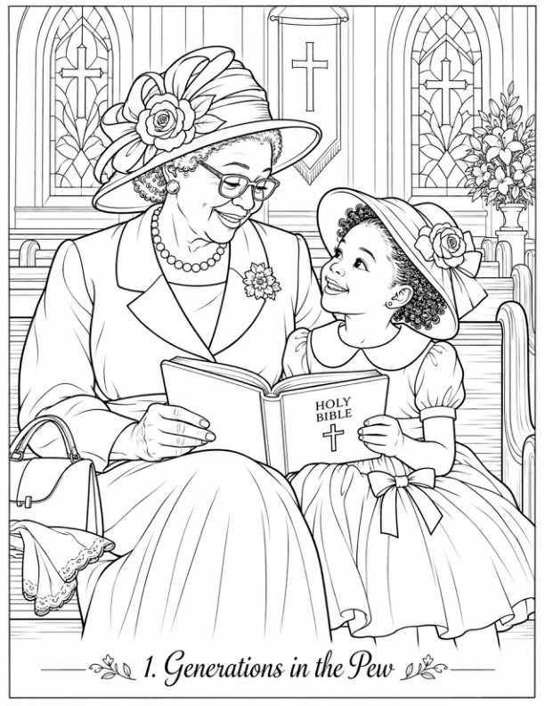 Digital collection illustration of a grandmother and girl in a church pew