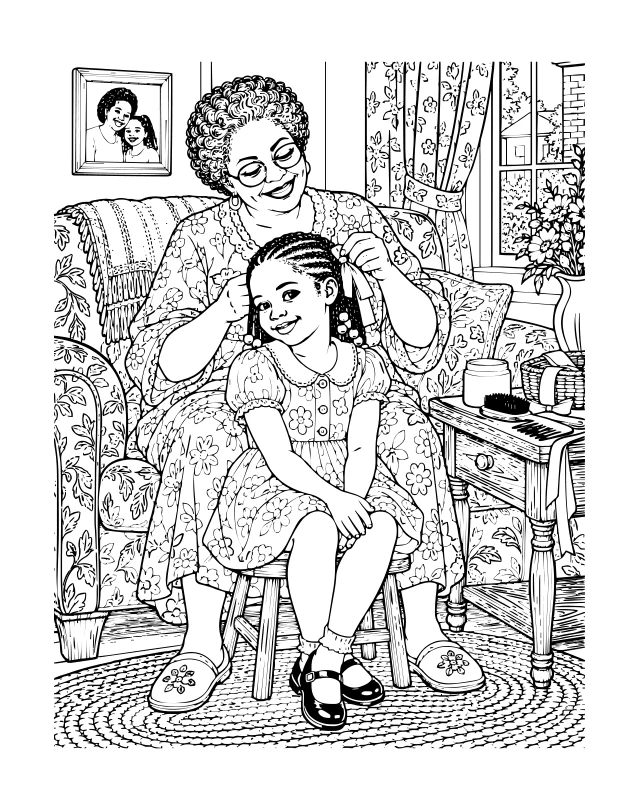 Paperback coloring illustration of a grandmother styling a girl's hair before church