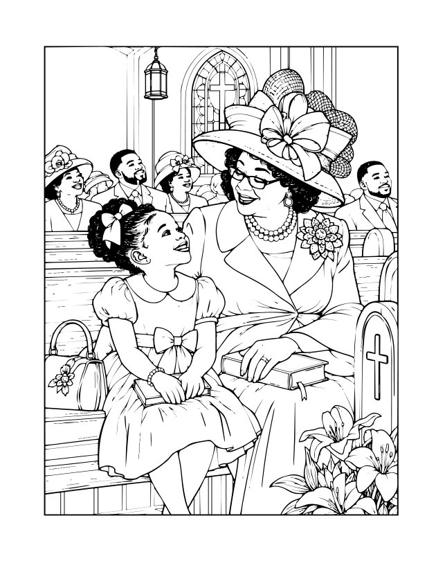 Paperback coloring illustration of a woman and child together in a church pew
