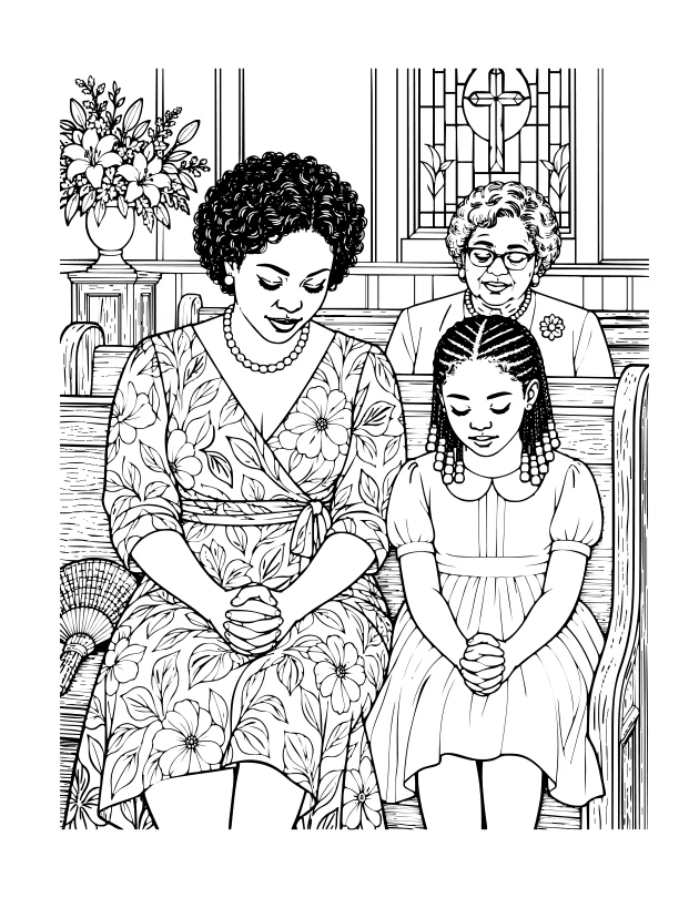 Paperback coloring illustration of a mother and daughter praying in church
